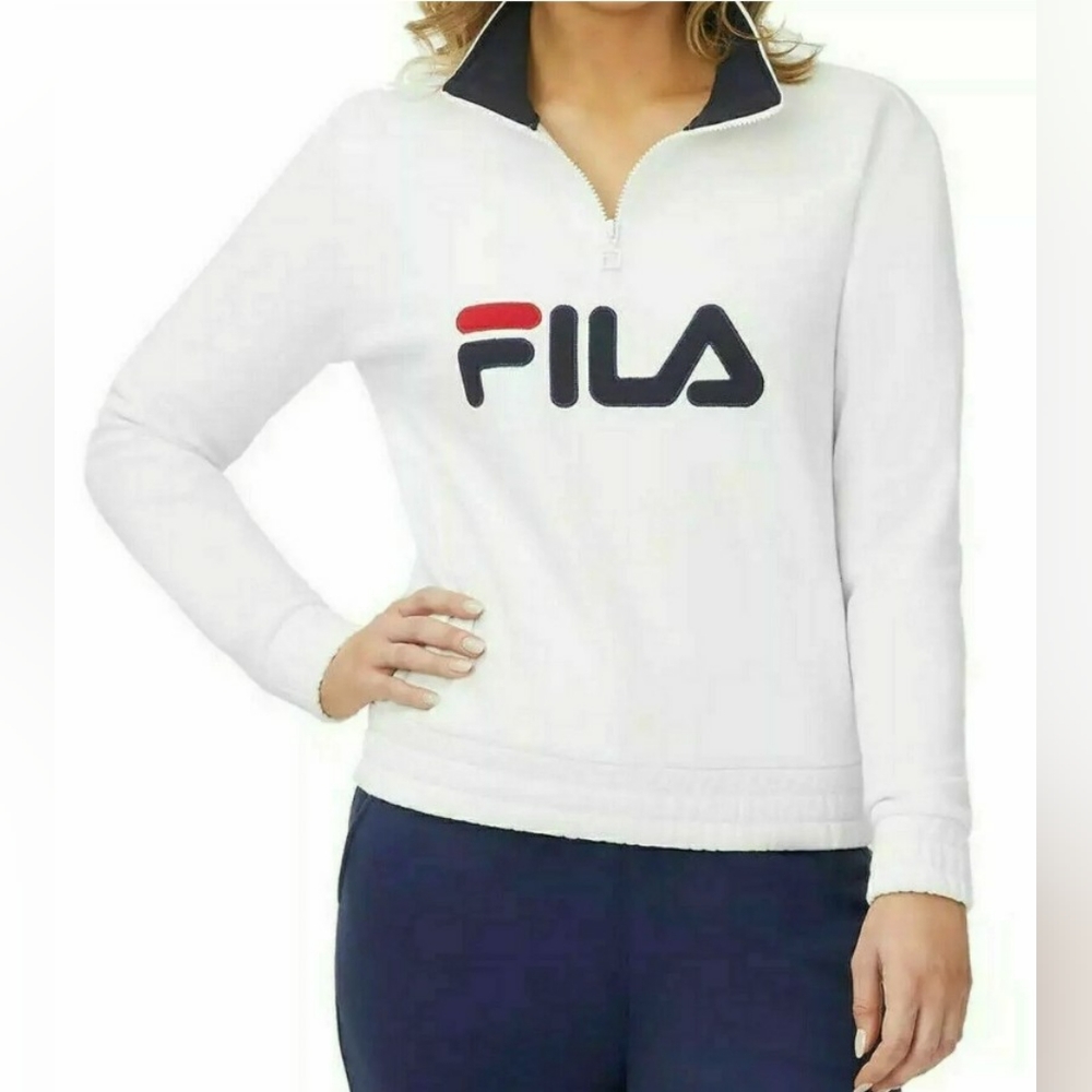 Fila Ladies' 1/4 Zip Fleece Pullover Sweatshirt, White/Navy Large